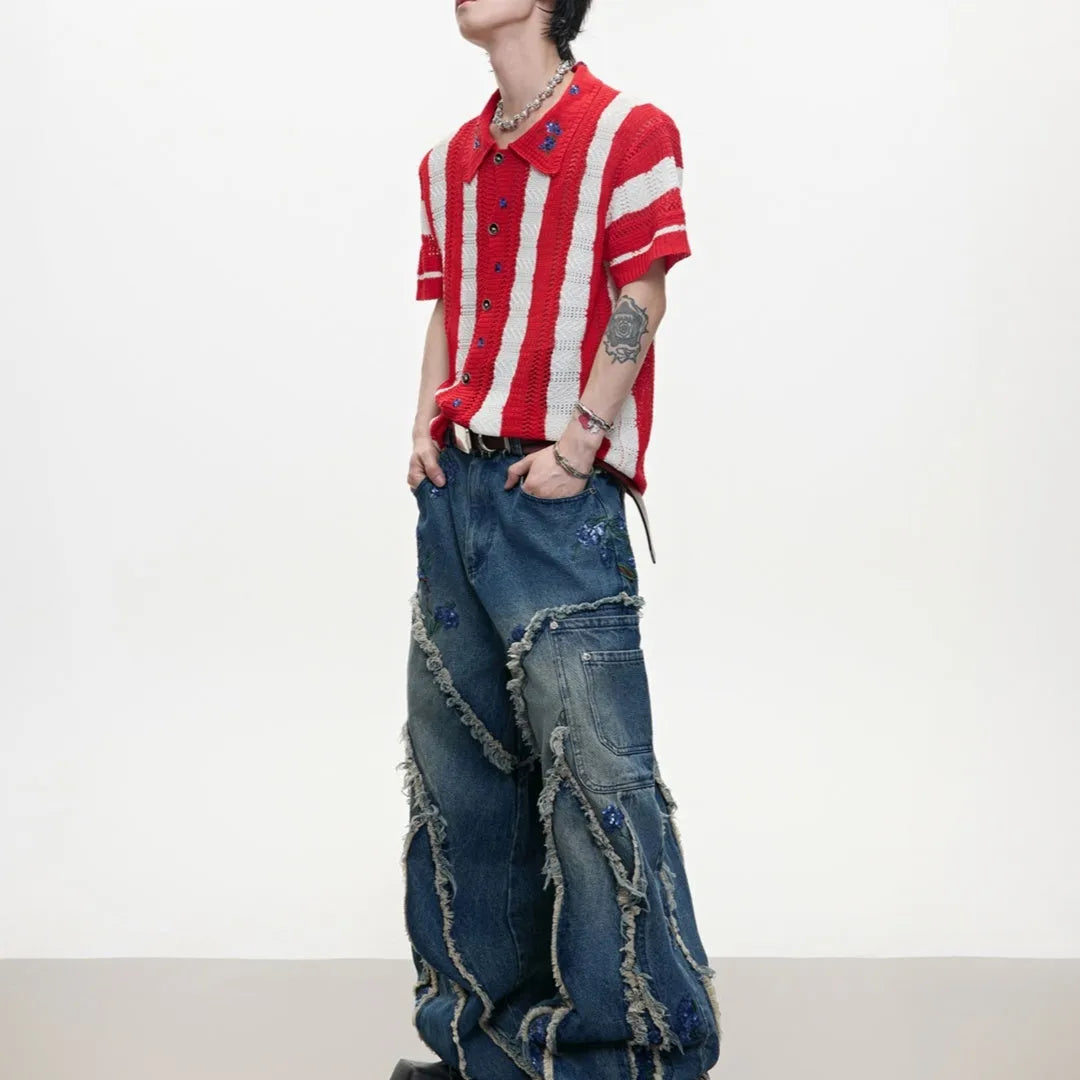 Men's red and black patchwork striped knitted short sleeve shirt with button decoration