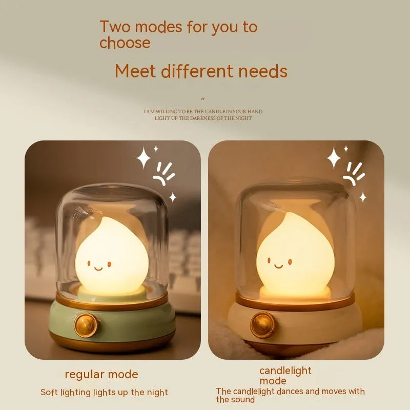 Retro oil lamp style USB rechargeable LED table lamp with dimmable lighting on wooden table