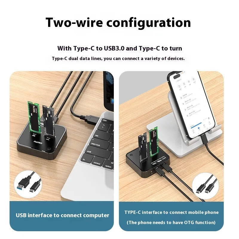 MAIWO K3016 M.2 SSD hard disk copier dock with cables and power adapter for SATA and NVMe drives.