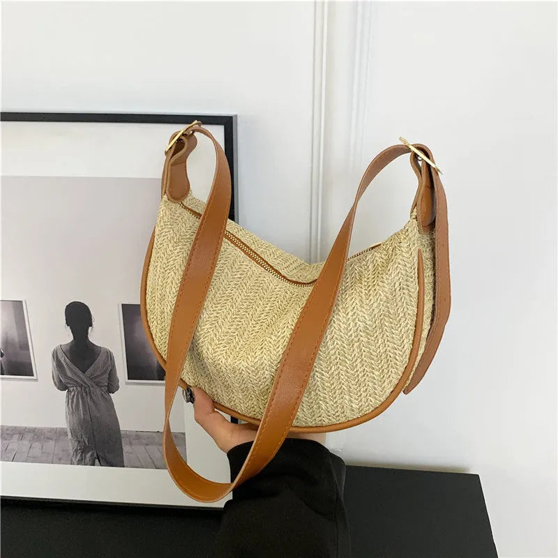Women's straw woven crossbody bag with internal phone pocket and document compartment in corrugated brown