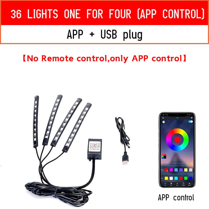 Car interior footwell LED accent lighting kit with four light strips and voice control unit