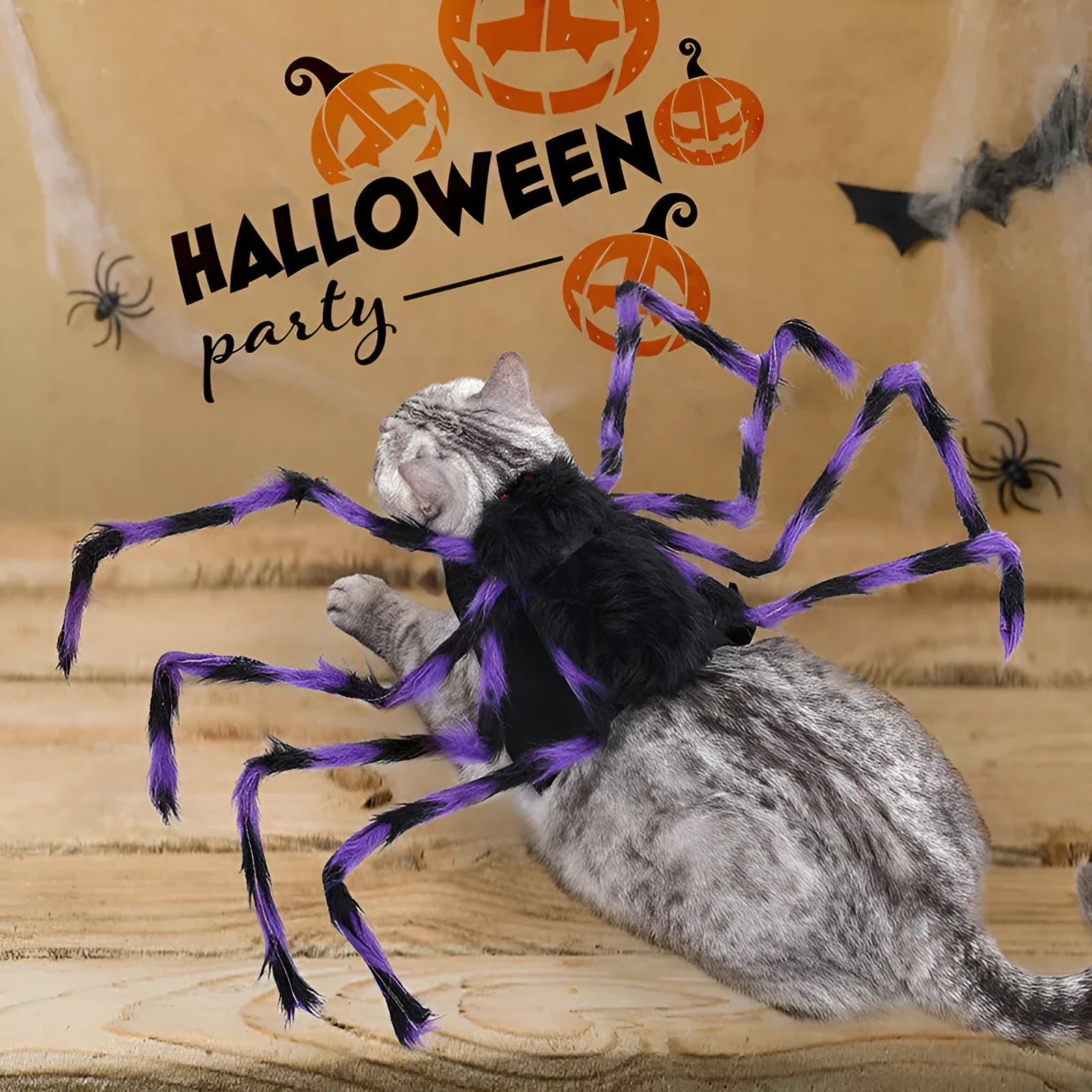 Halloween big spider costume for a dog or cat in grey, brown, black and purple colours.