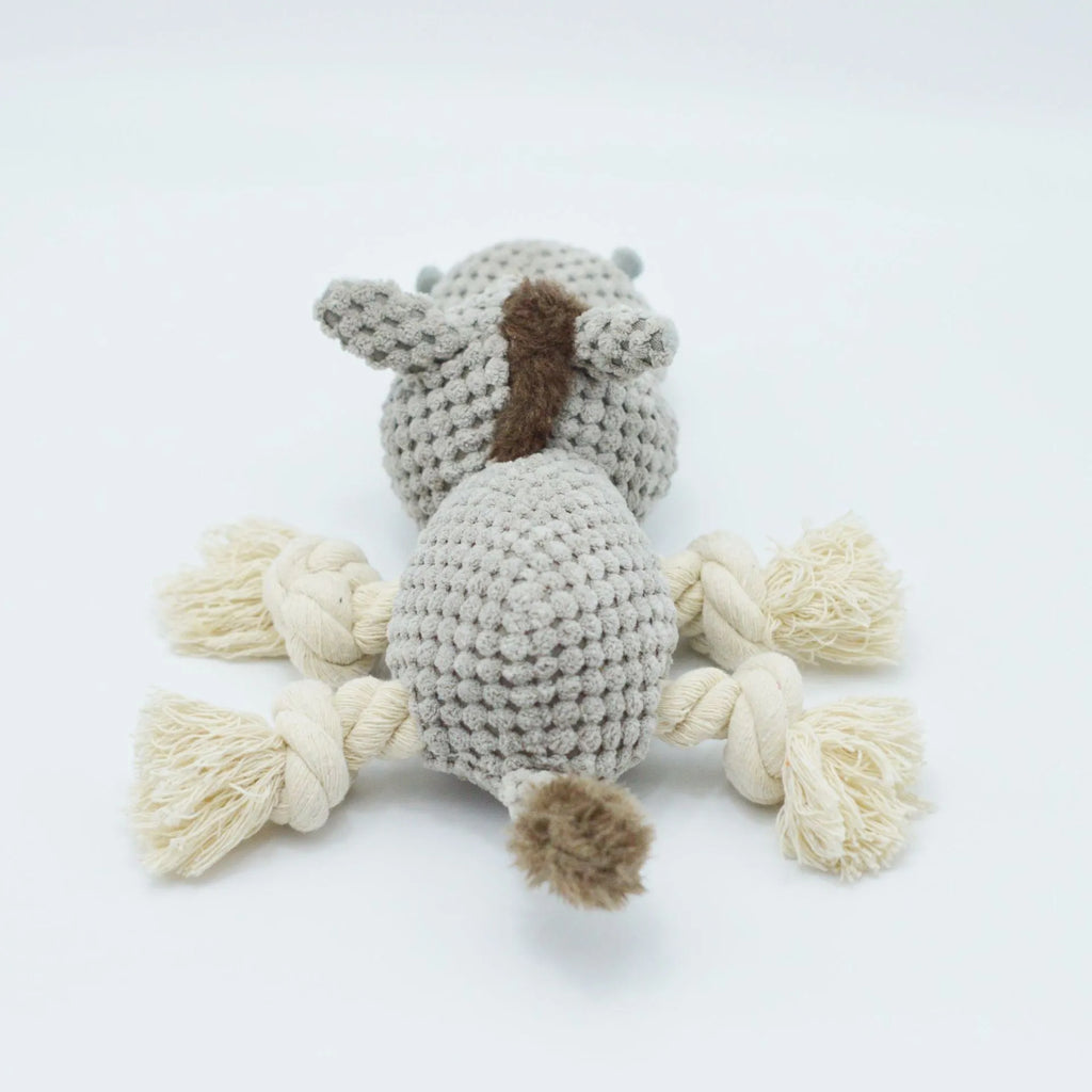 Grey plush donkey dog toy with squeaker measuring 27cm long