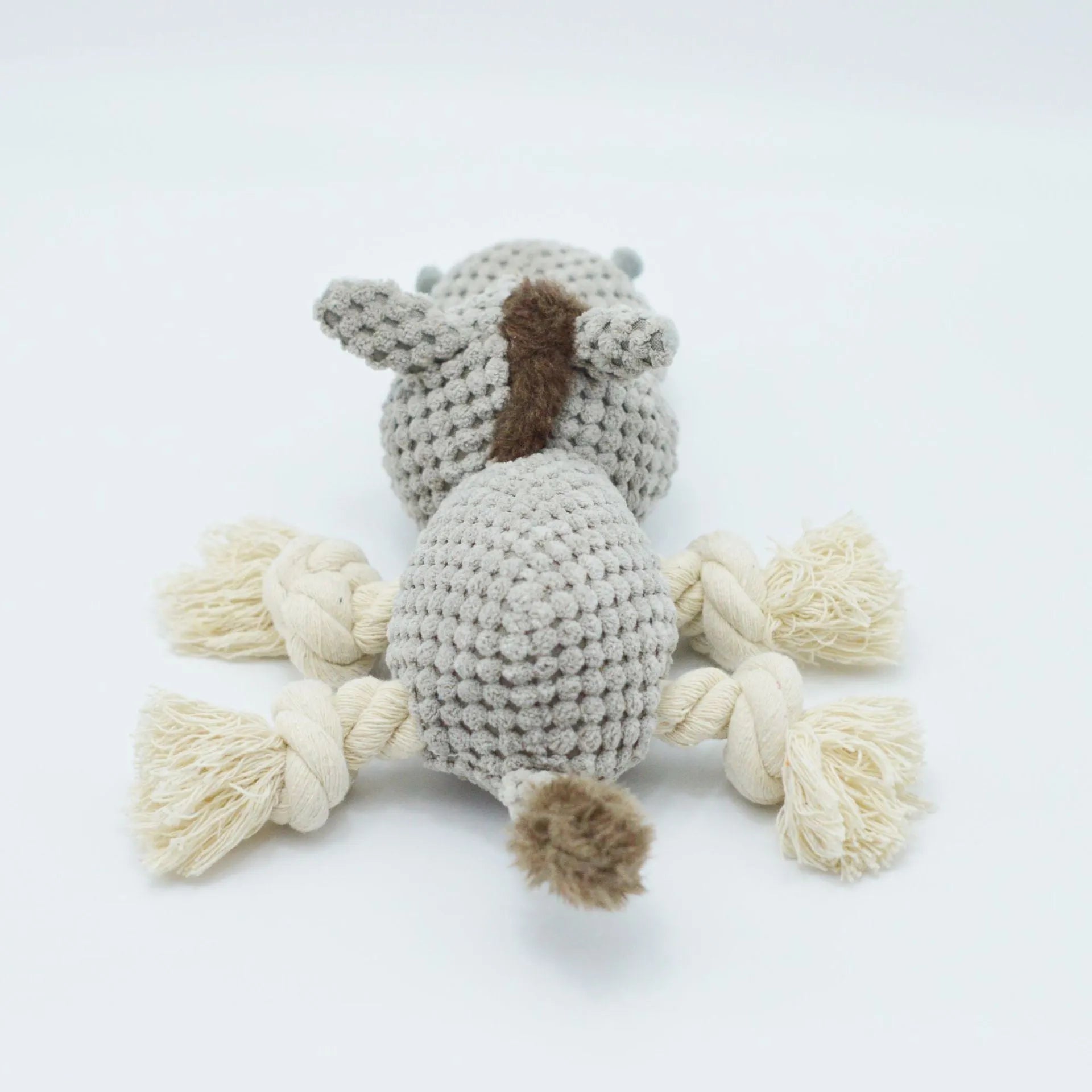 Grey plush donkey dog toy with squeaker measuring 27cm long