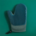 Dark blue mesh pet grooming glove with TPR grips for removing cat and dog hair from pets and fabrics.