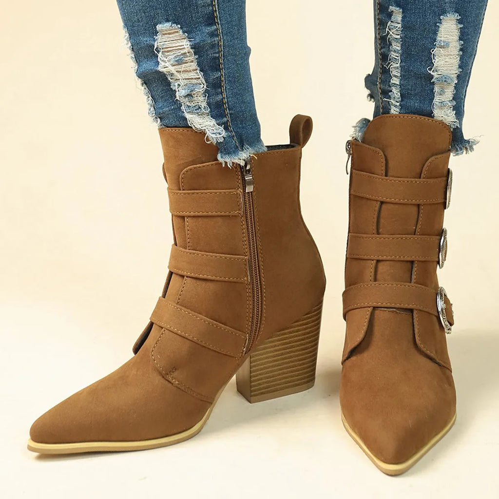 Chunky heel pointed toe retro mid-calf boots with belt buckle design for women, black colour, side view