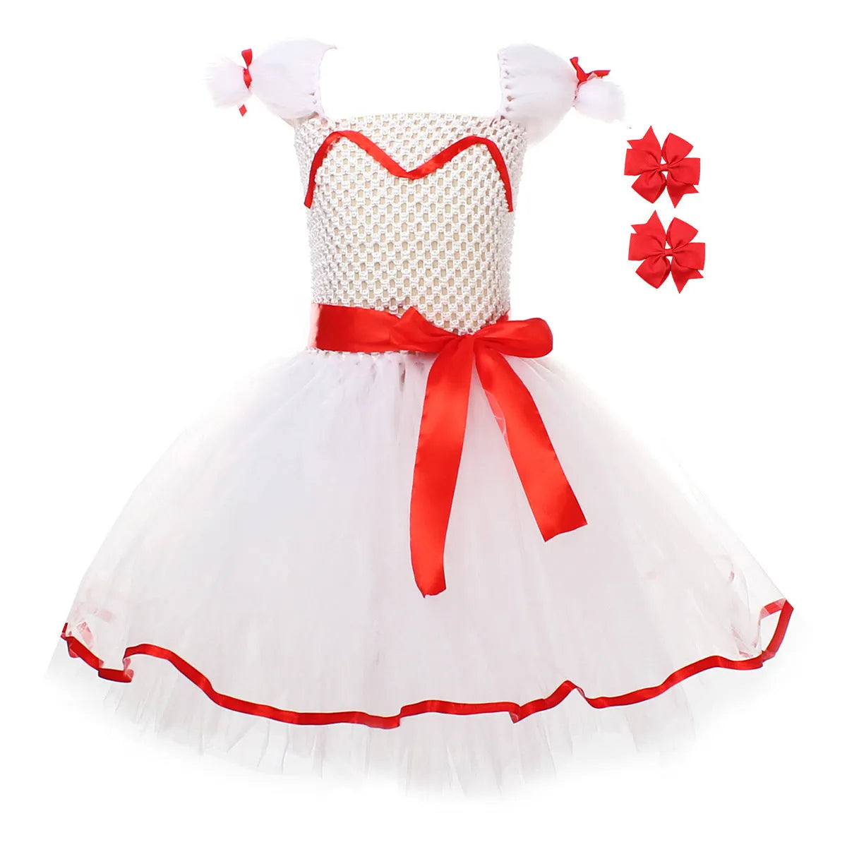 Children's white ghost doll costume dress with skirt bow barrettes and hair clips, Halloween cosplay