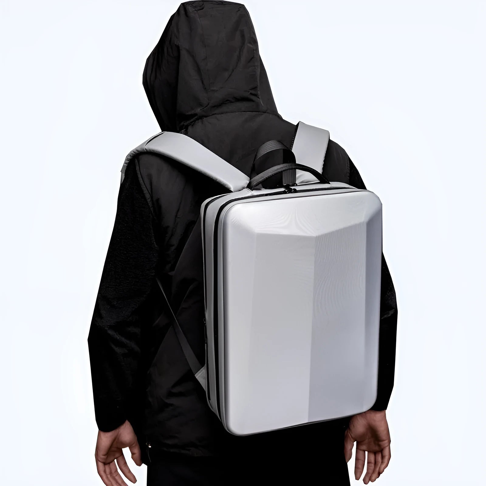Black and silver white waterproof business backpack made from ABS PC and Oxford cloth with curved shoulder straps