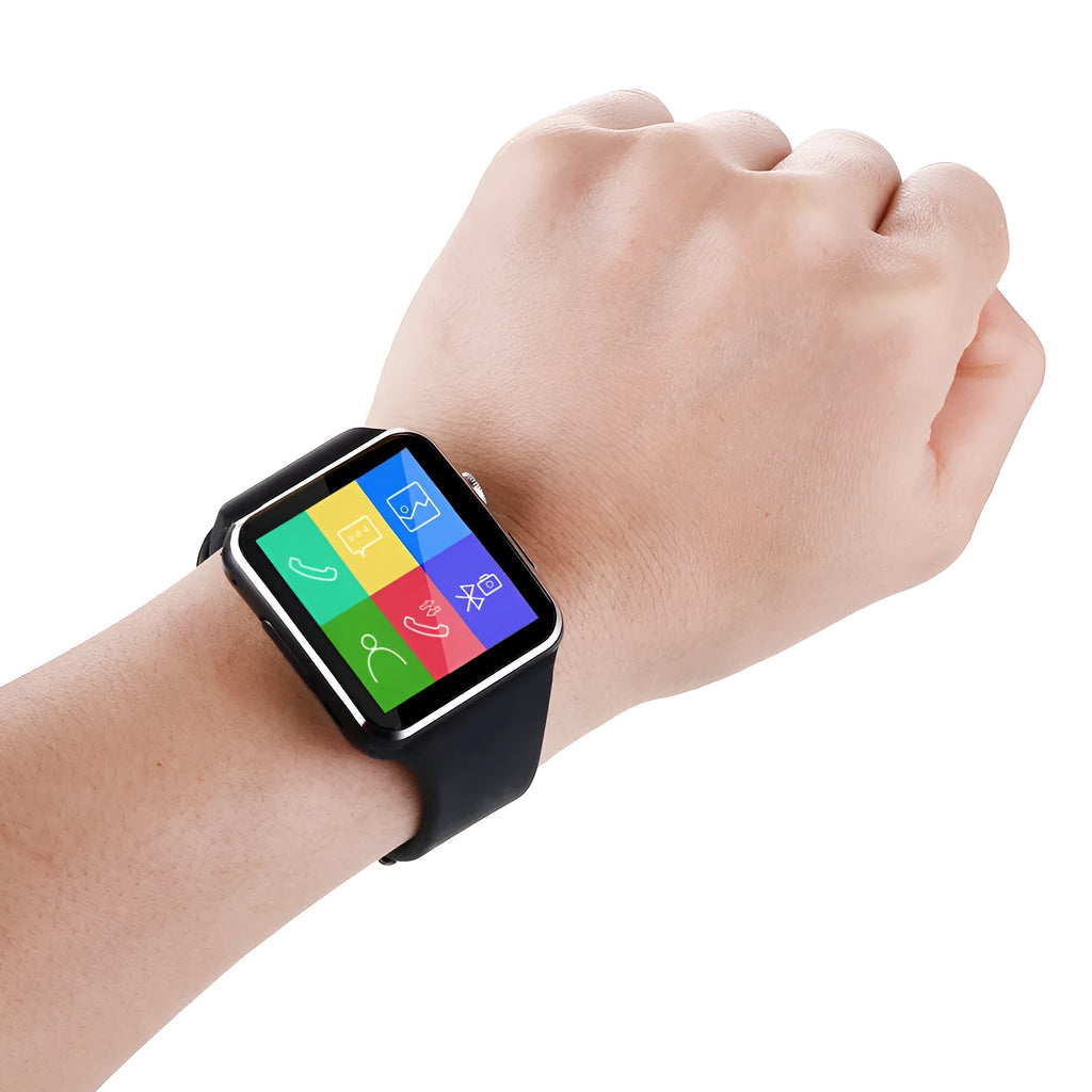 Black smartwatch with telephone and music movement meter on TPU strap