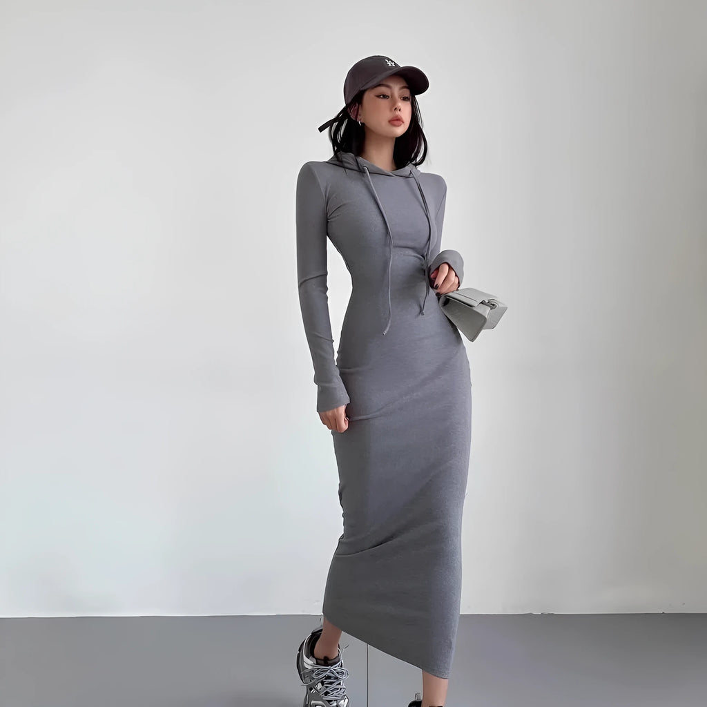 Women's grey hooded long sleeve sheath dress with an over-the-knee length