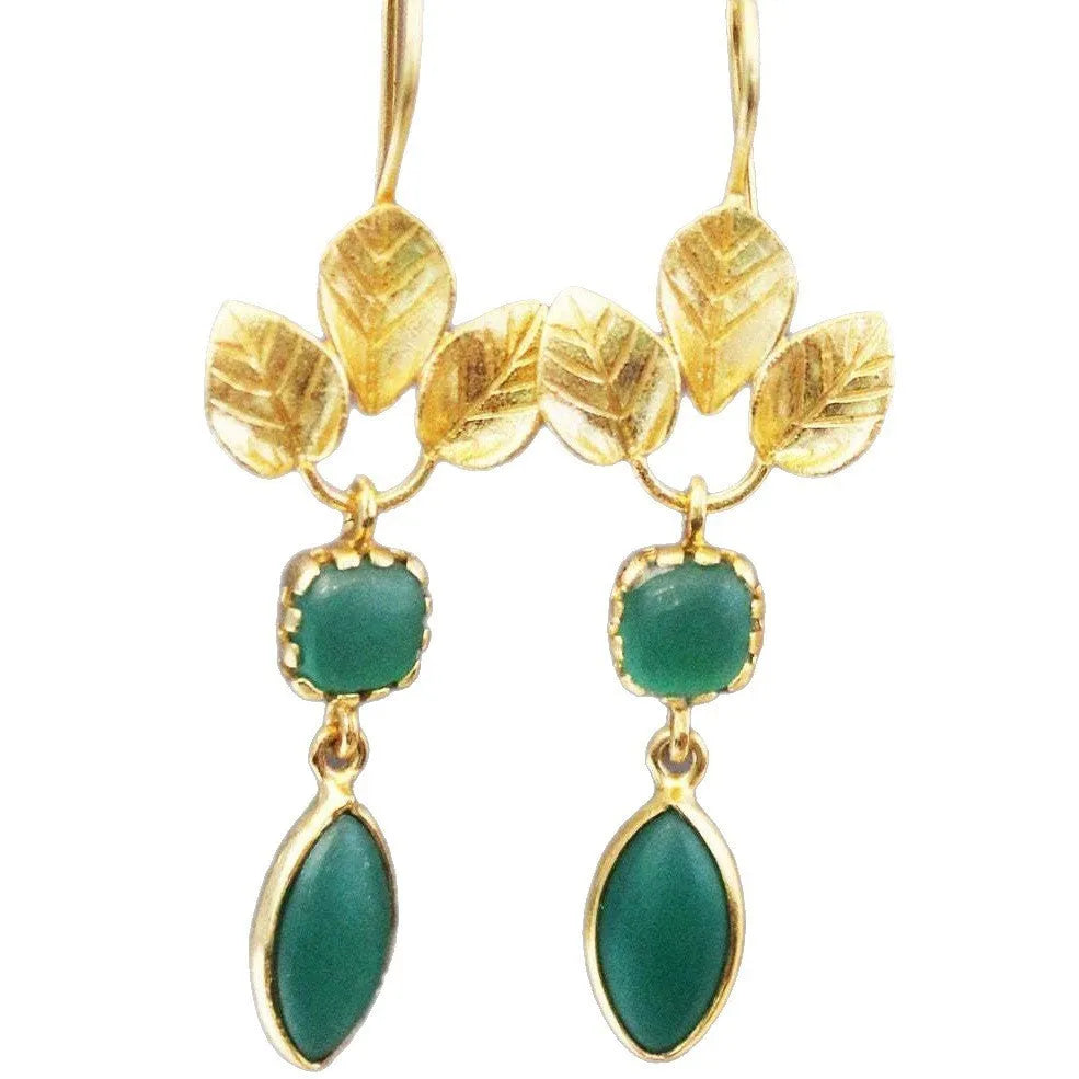Gold retro water drop earrings with French leaves tassel design and zircon accents