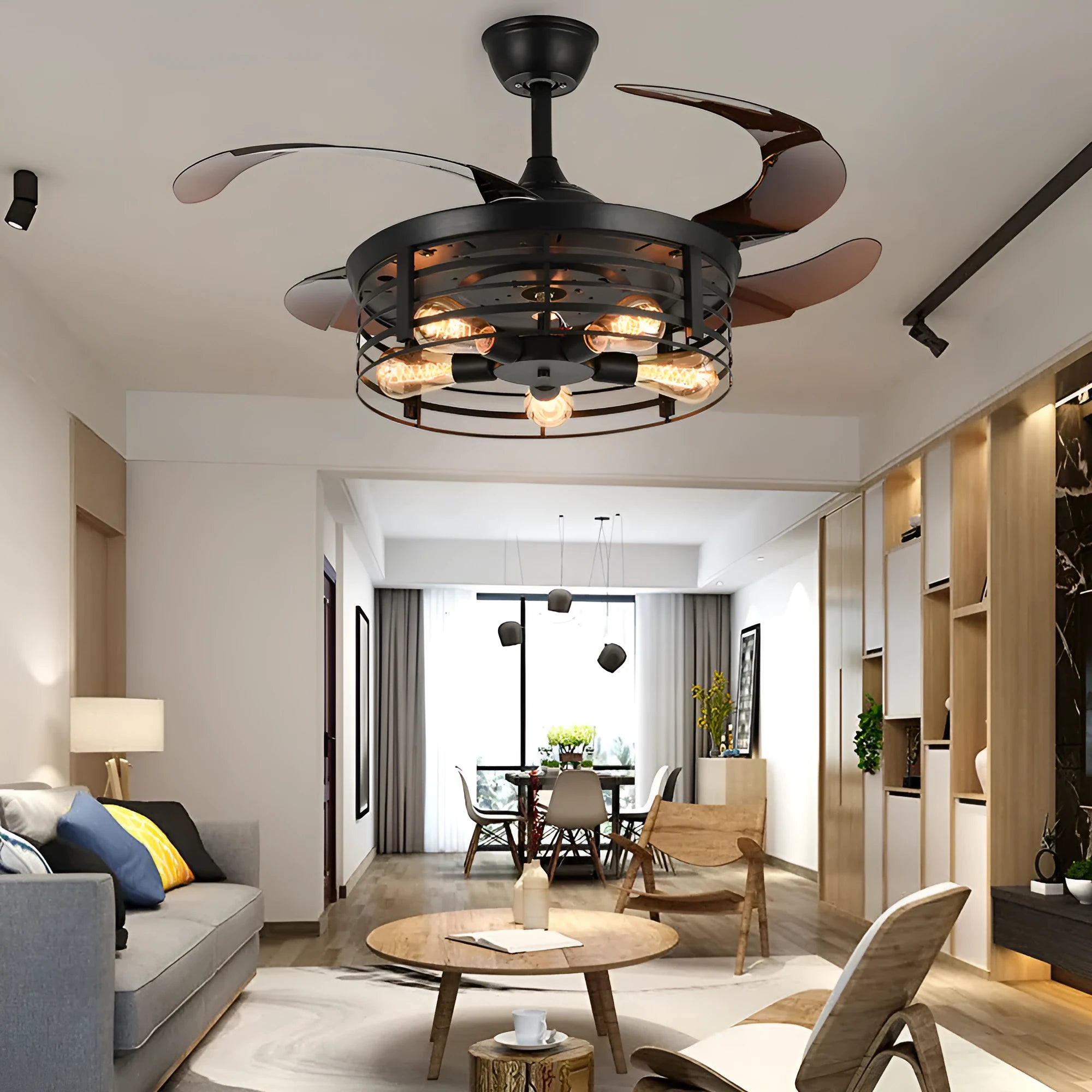 American retro industrial style invisible ceiling fan lamp with light, 42 inch size with acrylic blades.