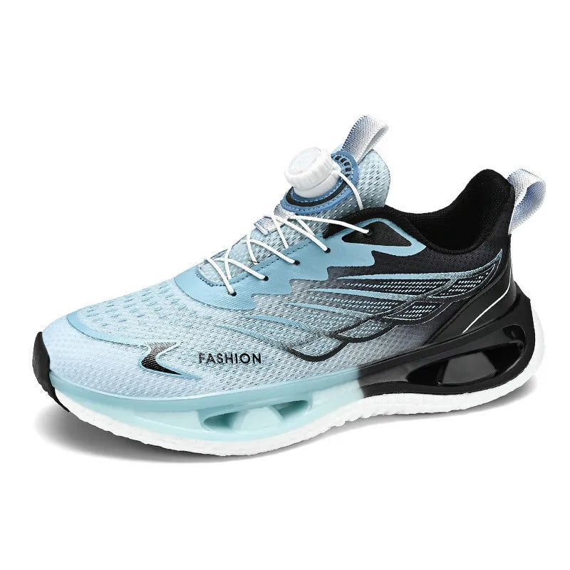 Youth button sneaker with shock absorption rotating sole in light blue, black, or white and blue colours