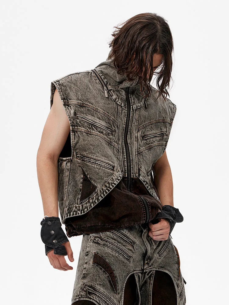 Men's denim vest with zipper front and sleeveless design in cotton fabric