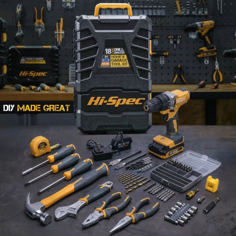 Grey yellow case open to show 82-piece chrome-vanadium steel home repair tool kit for furniture assembly.