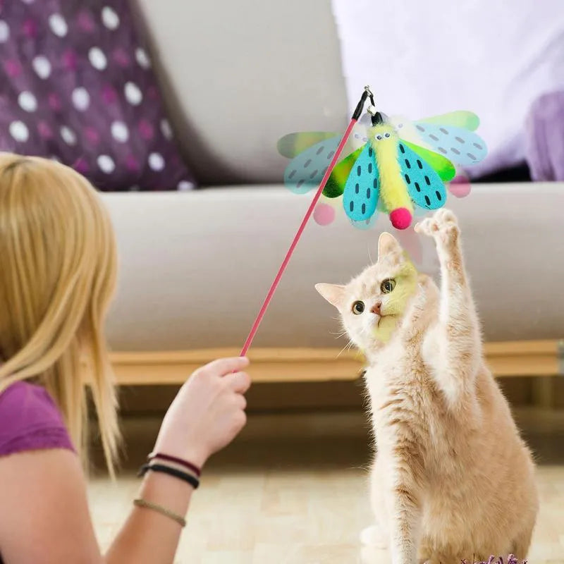 Blue, yellow, and pink cat wand toy with dragonfly bell teaser on a 49cm stick.