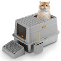 Grey enclosed cat litter box with a foot pedal and stainless steel pan inside
