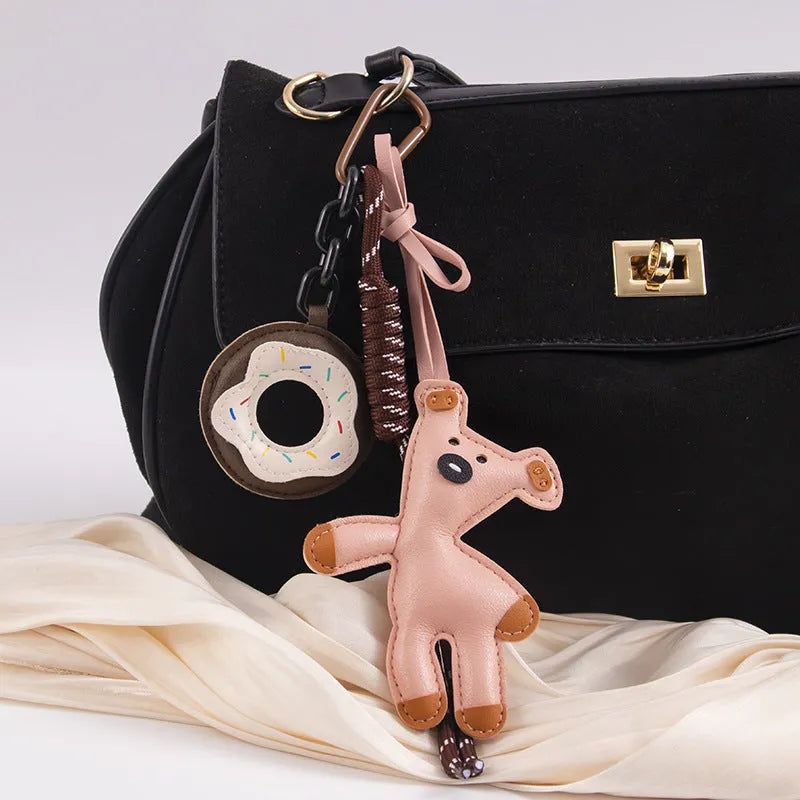 PU leather bear donut keychain in brown with semi-handmade finish and bag clip attachment