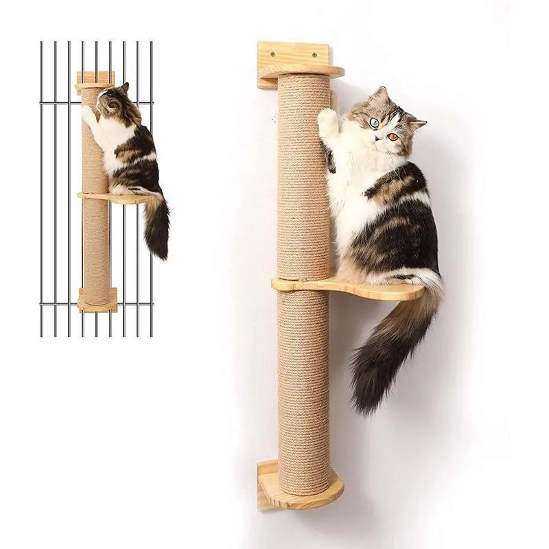Wooden wall-mounted cat climbing frame with sisal rope scratching posts and khaki fabric panels