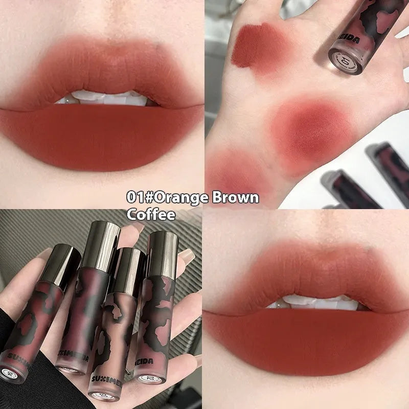 Lava Secret Matte Lip Mud Lipstick tube in shades orange brown coffee, cool grey, cinnamon coffee, jujube red, smoked purple.
