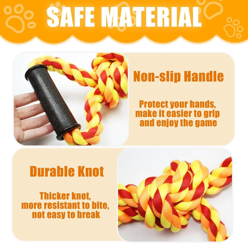 Blue and yellow durable cotton dog rope tug toy with ergonomic handle for large breed aggressive chewers