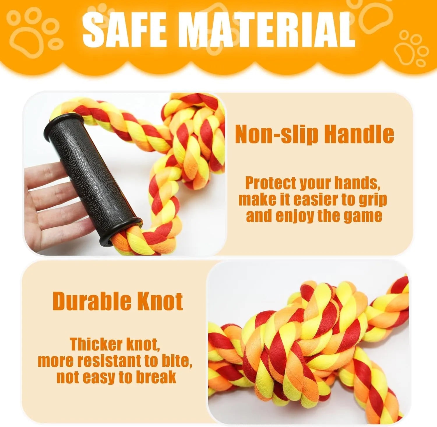 Blue and yellow durable cotton dog rope tug toy with ergonomic handle for large breed aggressive chewers