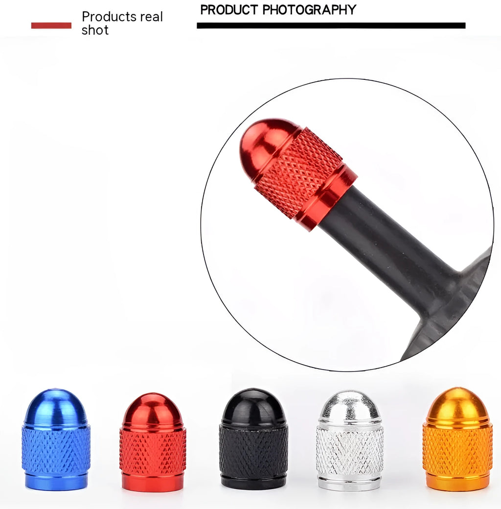 Aluminium alloy mountain bike tyre valve dust cap in silver, gold, red, blue, and black colours.