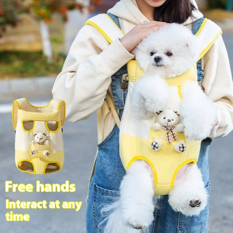 Soft canvas pet carrier bag with cartoon animal design showing colourful stitching details