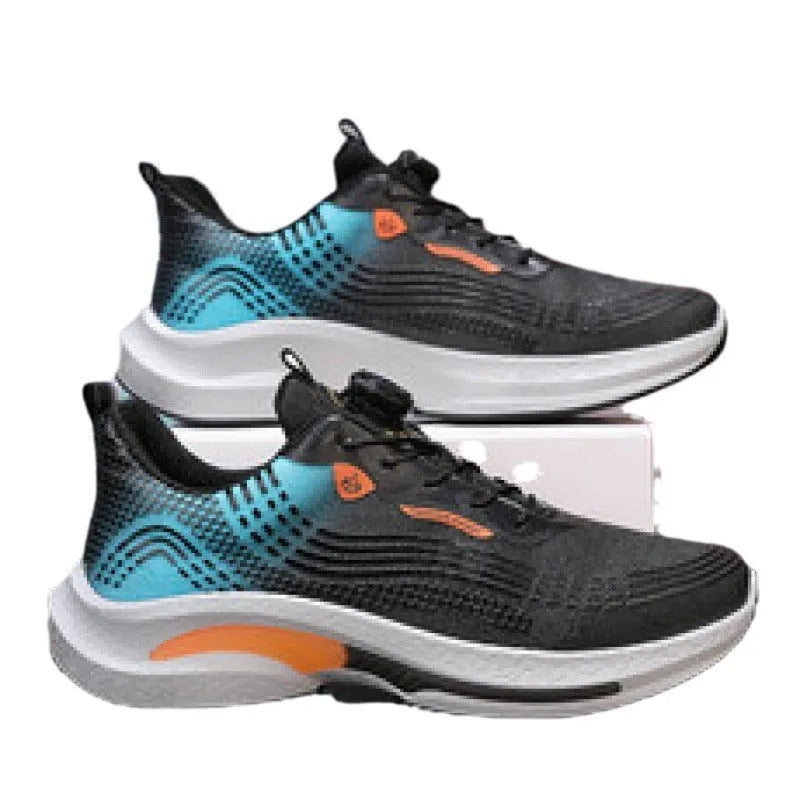 Men's white and blue mesh sneaker with a rotating buckle closure and rubber sole.