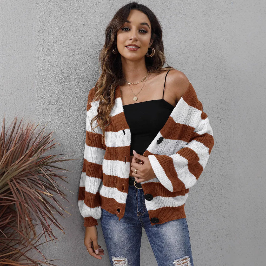 Women's striped deer plush cardigan with buttons in dark green, shown on a hanger.