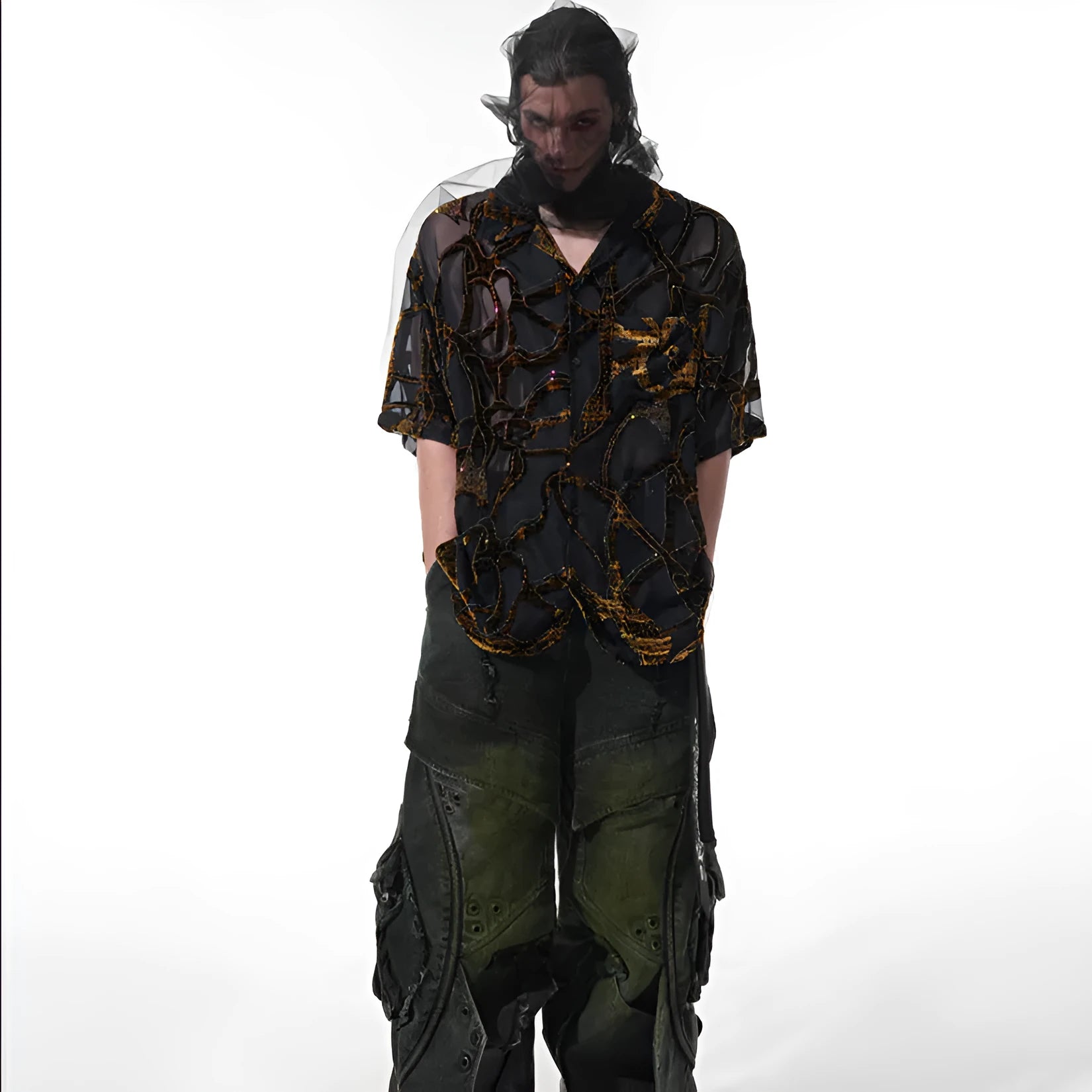 Man's black and grey short-sleeved shirt with translucent snake pattern, loose fit with lapel collar.