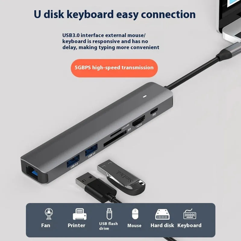 Silver 7-in-1 USB-C hub showing USB-C PD port, three USB ports, HDMI, and SD card slots.