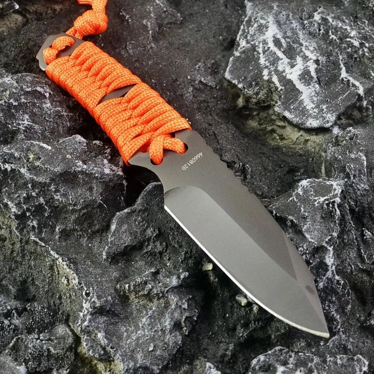 Camping knife with straight blade and rope bound handle showing ABS sheath
