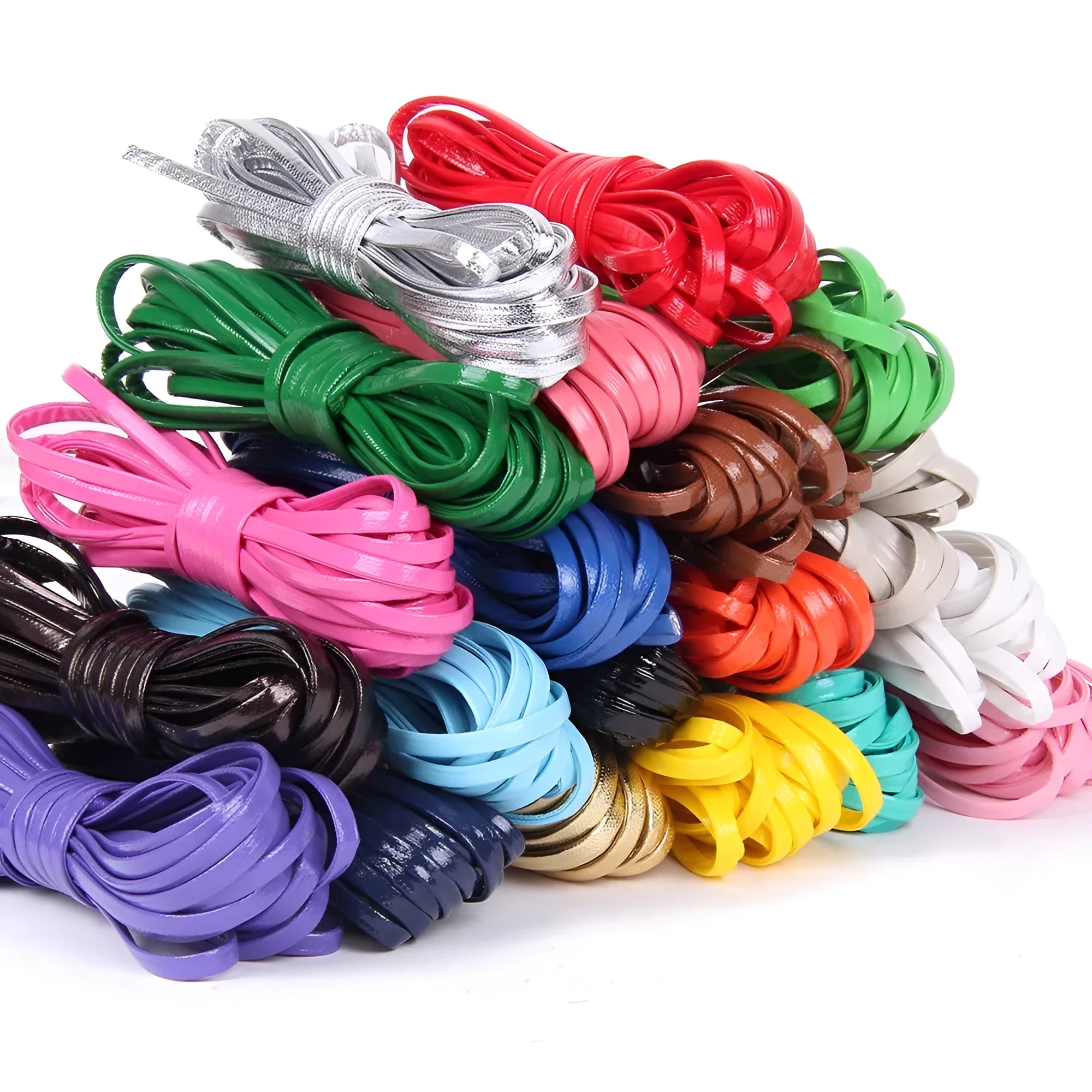 Coiled PU leather braided cord in multiple colours including beige, black, red and gold.