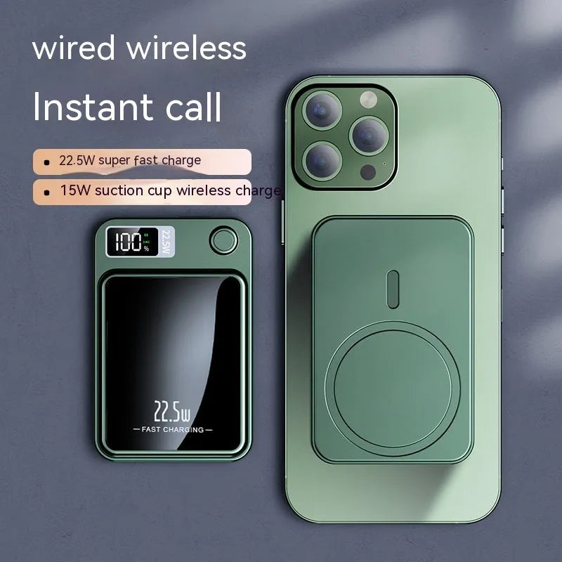 Wireless power bank with MagSafe compatibility in black, white, purple, and green colour options showing compact plastic design