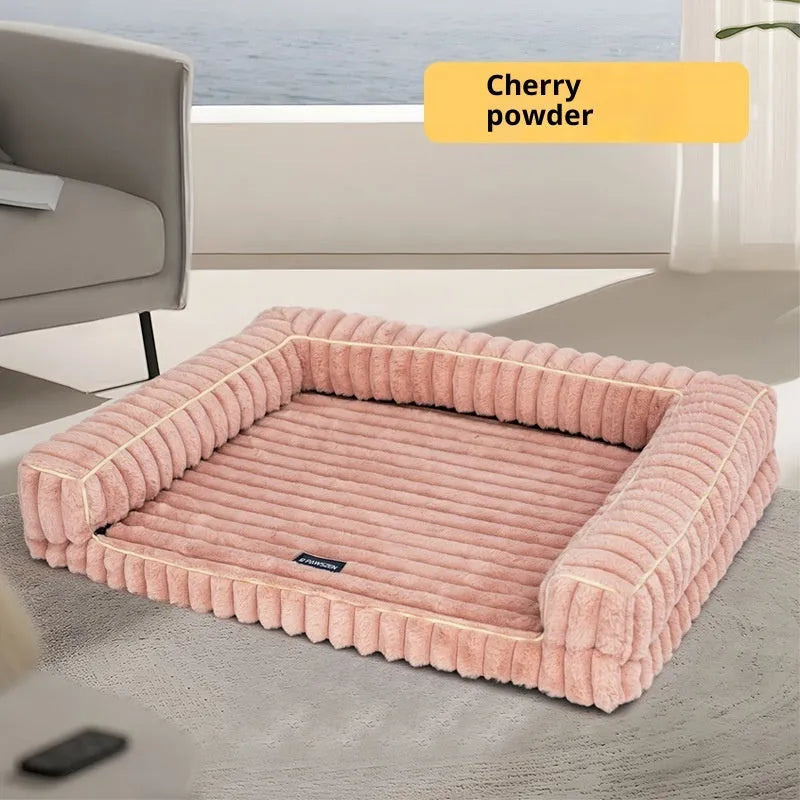 Kennel stripe dehaired angora removable pet bed with corduroy cushion in white for dogs, available in 75x50, 100x75, 120x75 cm sizes