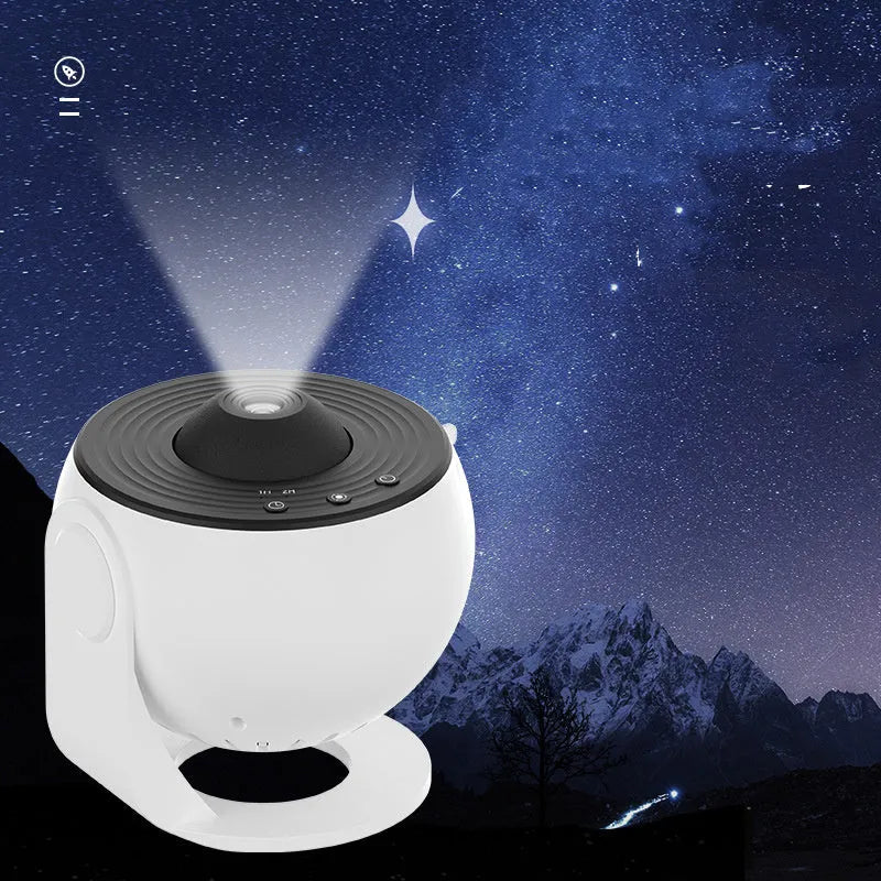 Black and white galaxy projector night light with 360-degree rotation, showing a starry sky film projection on a ceiling