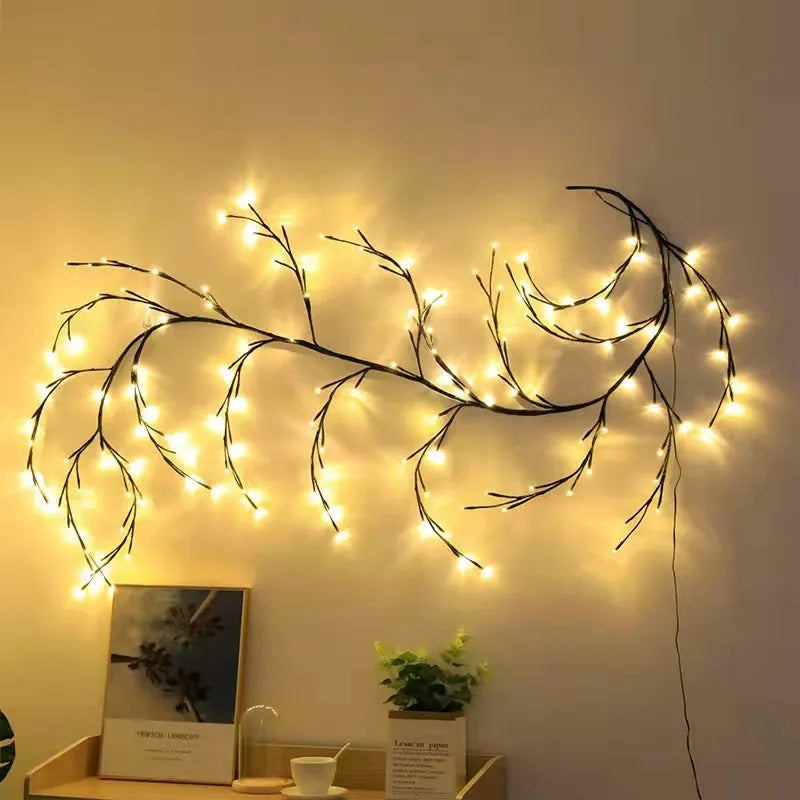 Flexible LED willow vine Christmas garland light with warm white lights and birch bark texture