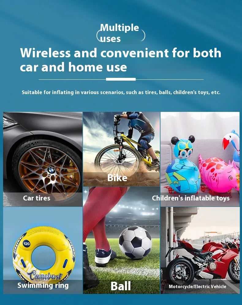 Compact black handheld wireless tyre inflator with digital display, attached air hose, and USB cable.