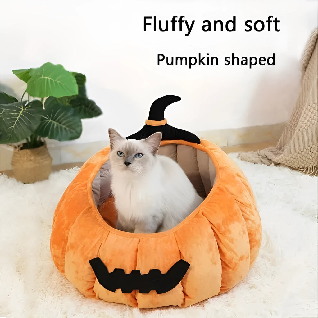Halloween pumpkin devil design plush cat bed for cats and small dogs in orange colour