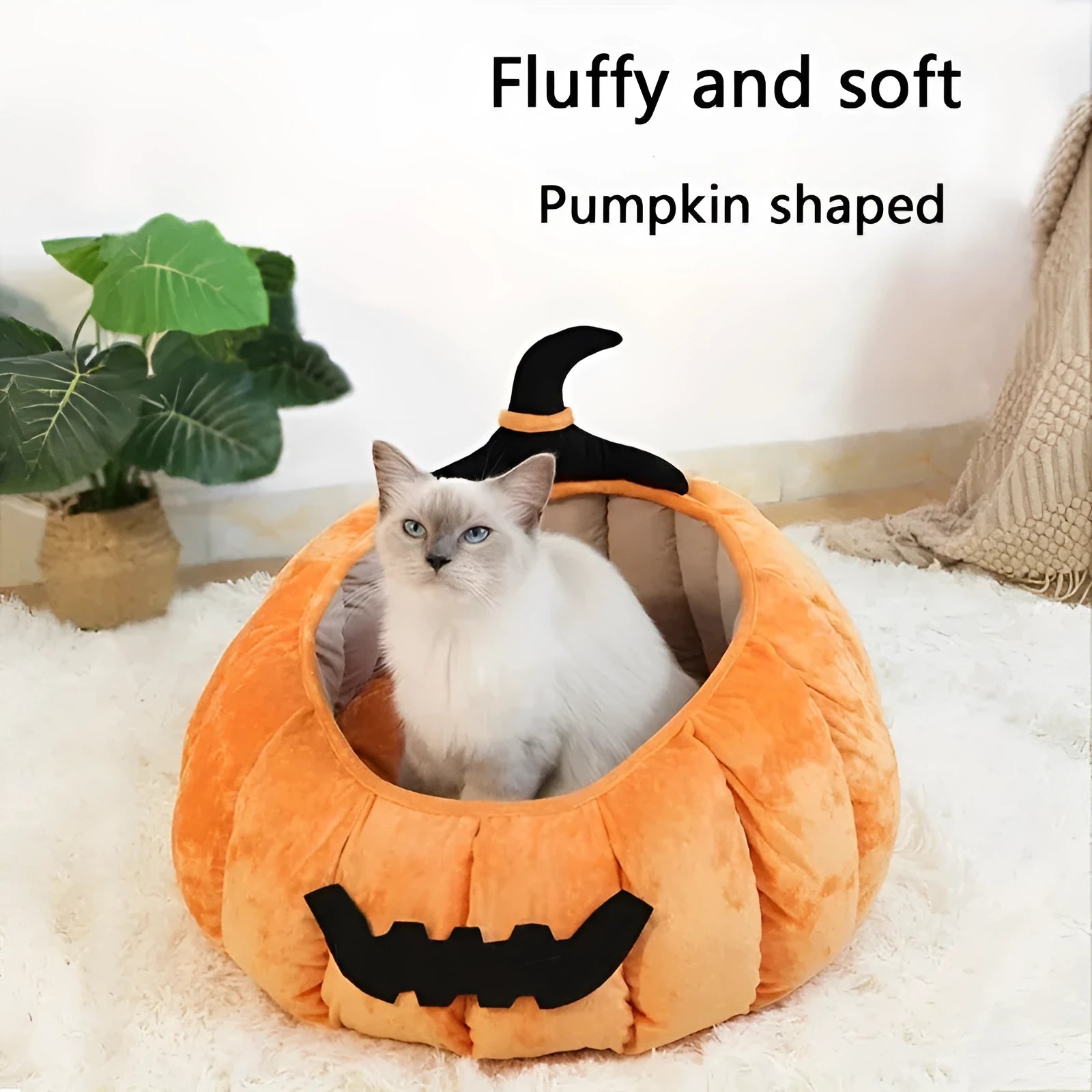 Halloween pumpkin devil design plush cat bed for cats and small dogs in orange colour