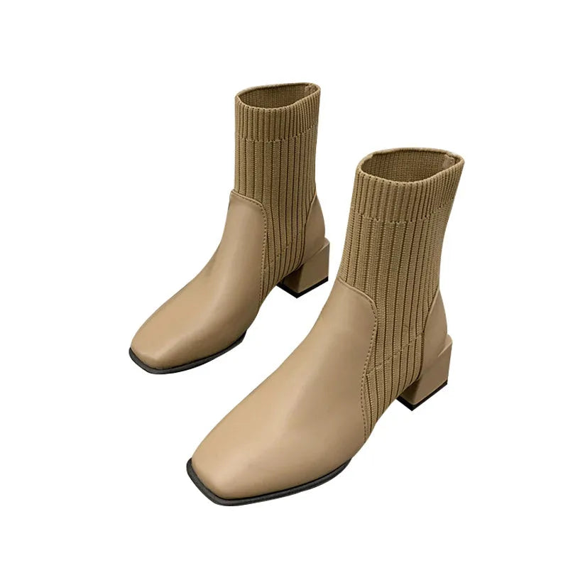 Women's fabric square toe thick heel socks boots in black with 16CM boot height and 5CM heel