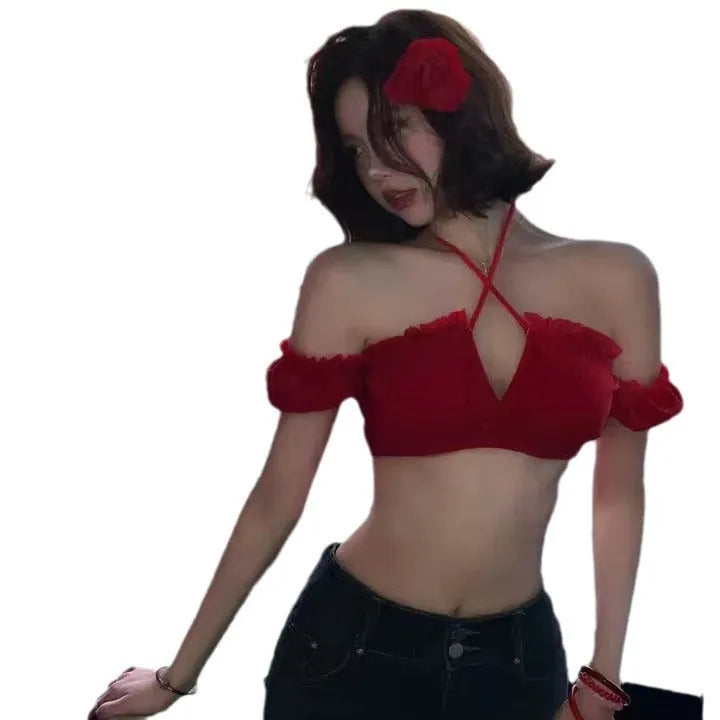 Red women's bikini swimsuit with puff sleeve top and skirt bottom