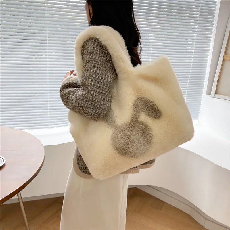 Cartoon rabbit ears plush shoulder tote bag in solid colour with large capacity