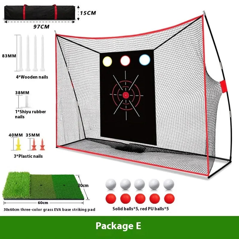 Golf swing wedge training net kit with three-hole target net and straw practice mat