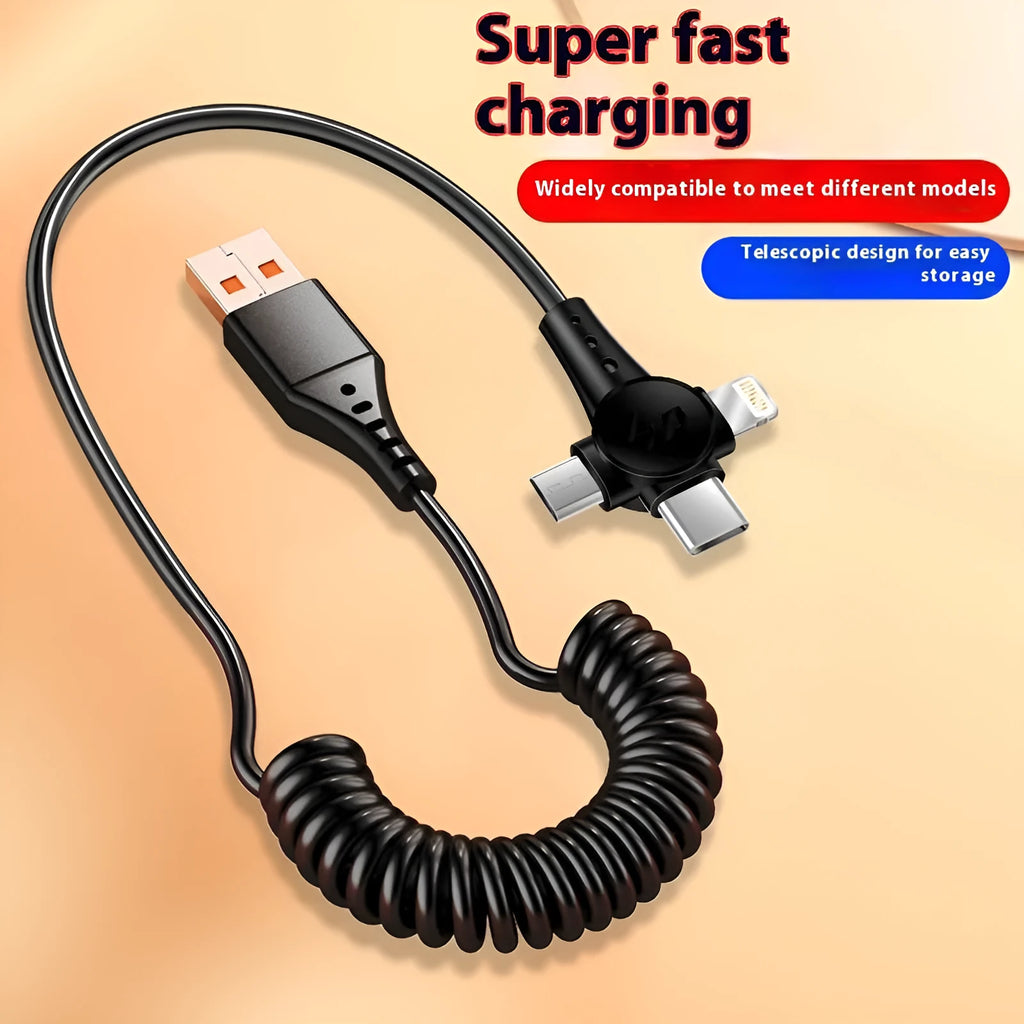 Black telescopic spring coil data cable with Type-C, Micro USB and Lightning connectors extended to 1.5m