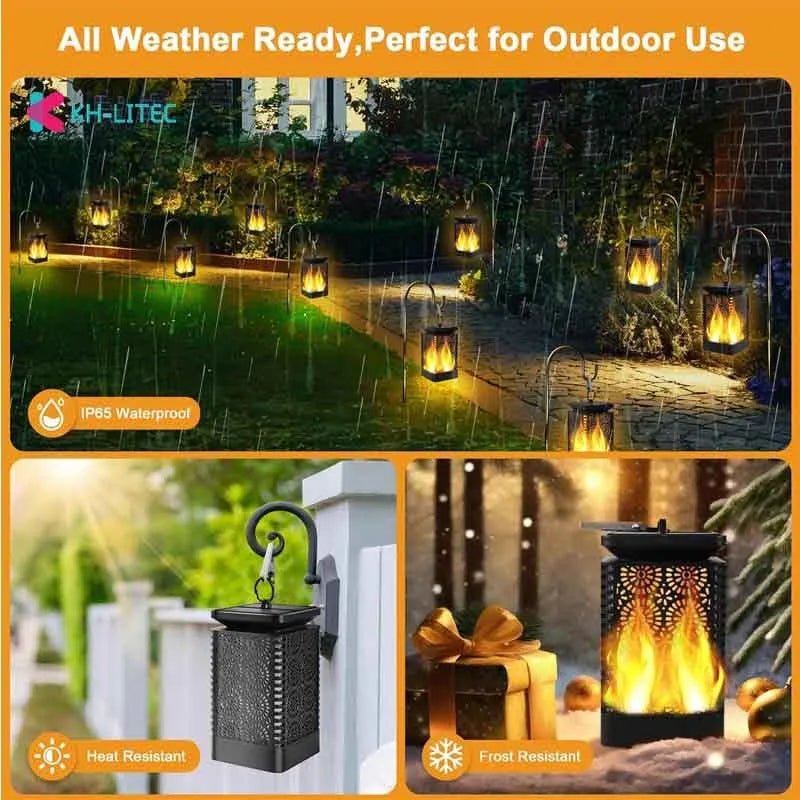 Four black solar-powered hanging lanterns with flame effect LED for garden decoration