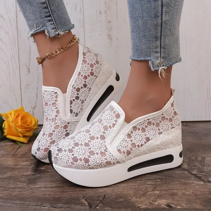 Lace mesh women's flat shoes with inner heightened platform, round toe, satin upper, pink and white colours