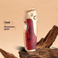 Metal folding lighter showing folded position and unfolded straight jet flame