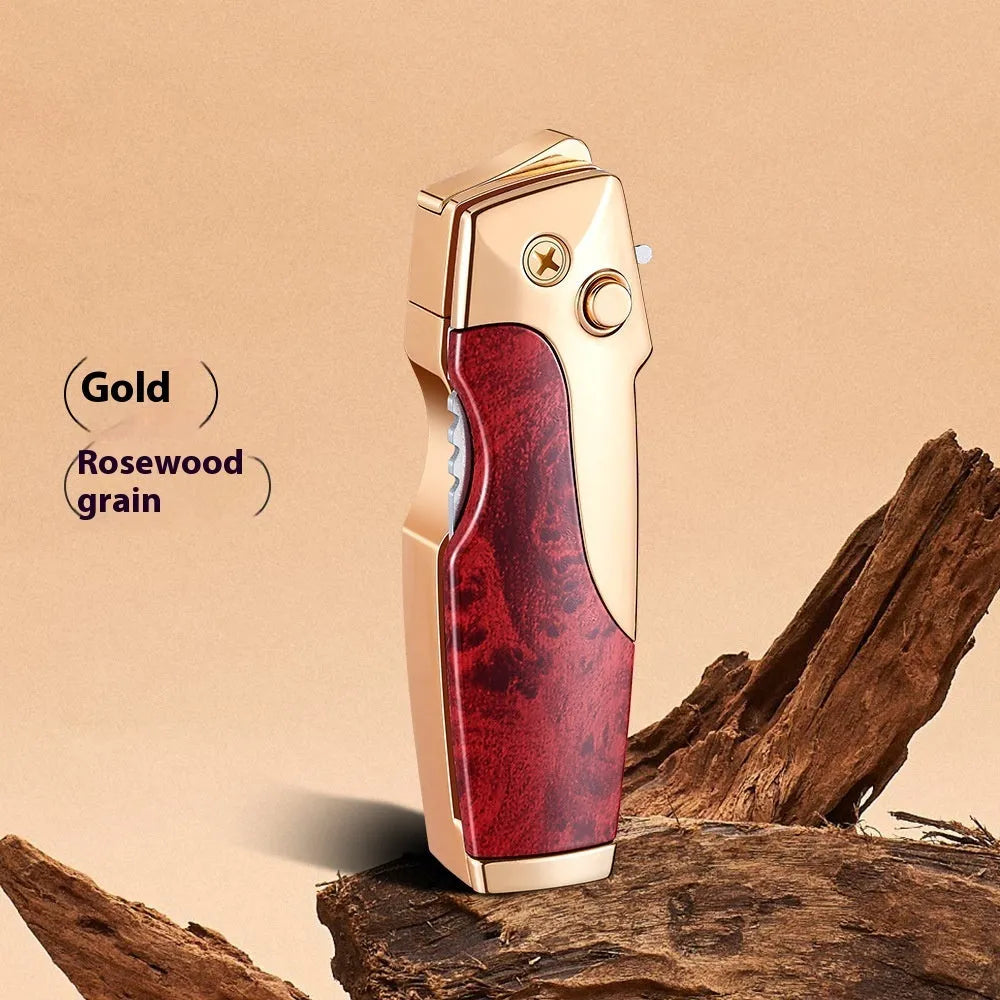 Metal folding lighter showing folded position and unfolded straight jet flame